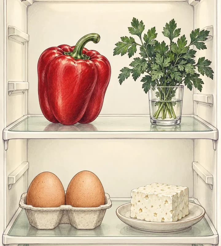 Illustrated fridge with a red pepper, parsley in a glass, two eggs and a block of feta